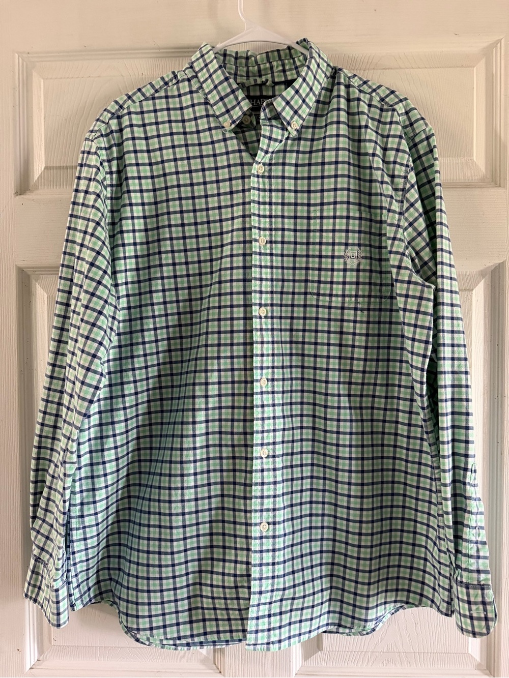 Chaps Light Green and Navy Plaid Button-Down Shirt